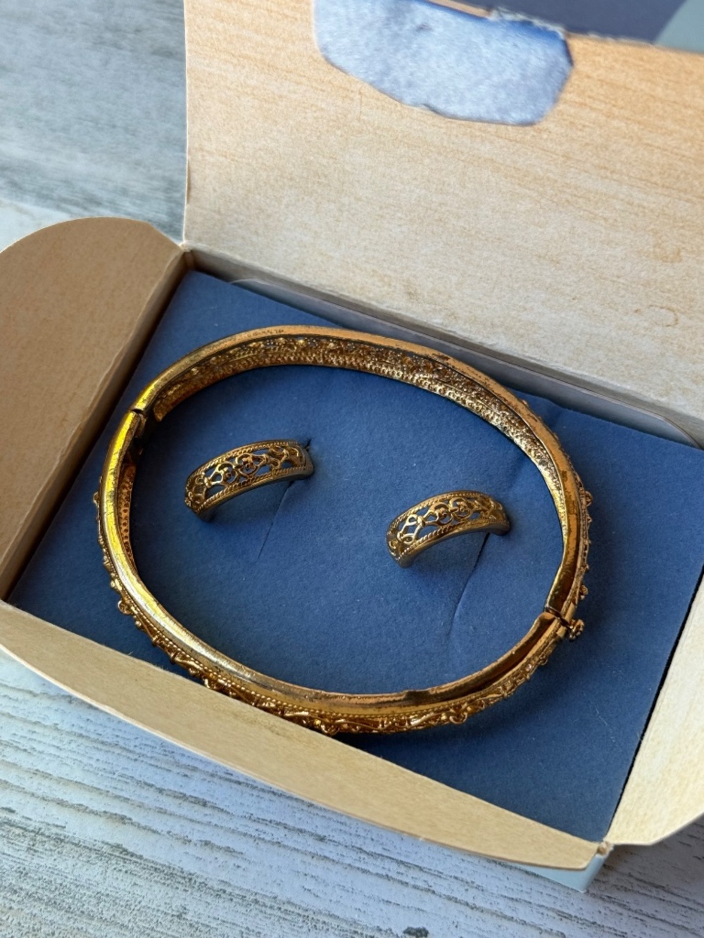 Vintage Avon Gold-Tone Scroll Filigree Bangle Bracelet and Pierced Earrings Set